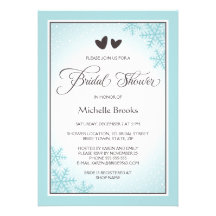 Hearts, snowflakes aqua brown winter bridal shower invites