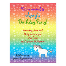 Hearts unicorn on rainbow birthday invitation