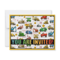 Heavy Equipment Theme Kids Party Invitation
