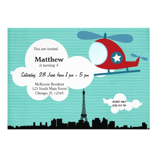Helicopter Birthday theme (Blue) Personalized Announcements