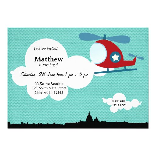 Helicopter Birthday theme (Blue) Personalized Invites