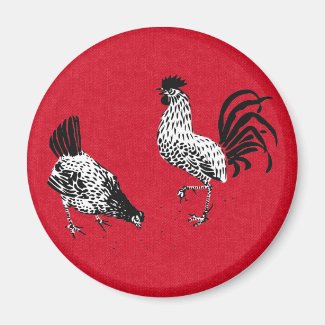 Hen and Rooster 2 Inch Round Magnet