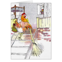 Hen with Broom Mounting Stairs to Bedroom Card