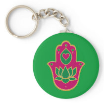 Henna Hamsa Lotus Green & Pink Key Chains