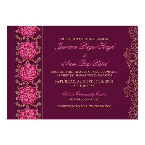 Henna Raisin Pink Gold Indian Wedding Invitation