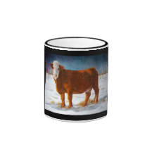 HEREFORD BEEF COW: PASTEL PAINTING: SNOW COFFEE MUGS