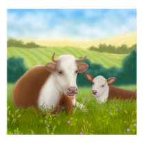 Hereford Cow and Her Calf Poster posters