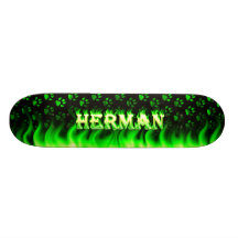 Herman skateboard green fire and flames design