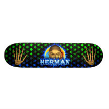 Herman skull blue fire and flames skateboard desig