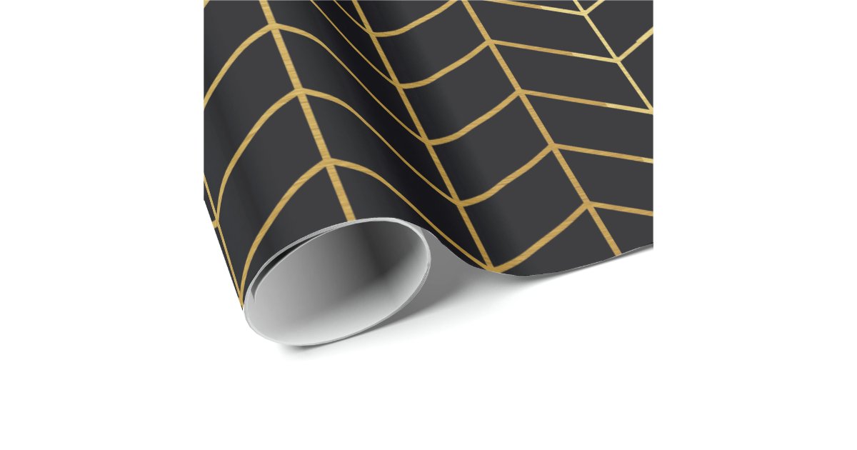 Herringbone Pattern Faux Gold Foil Black Geometric Wrapping Paper Zazzle