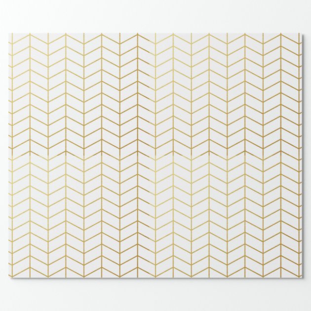 Herringbone Pattern Faux Gold Foil White Geometric Wrapping Paper