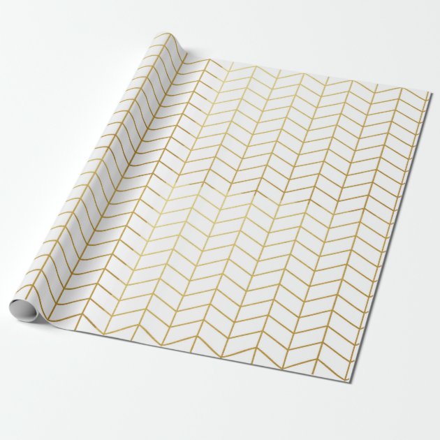 Herringbone Pattern Faux Gold Foil White Geometric Wrapping Paper 1/4