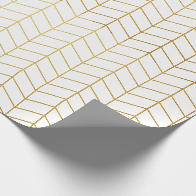 Herringbone Pattern Faux Gold Foil White Geometric Wrapping Paper 4/4