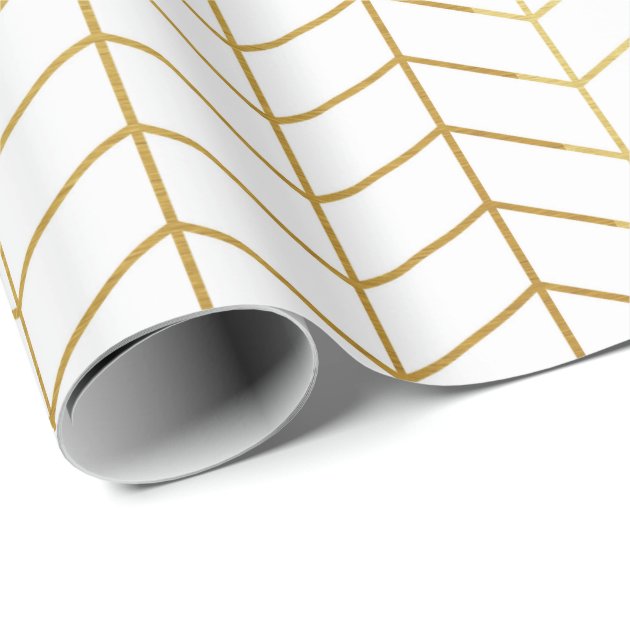 Herringbone Pattern Faux Gold Foil White Geometric Wrapping Paper 3/4