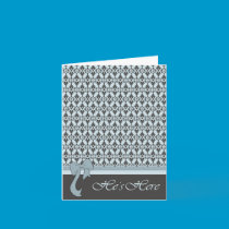 He's Here blue and Gray Damask Announcement cards