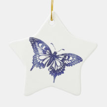 Hex Tiles Mosaic Butterfly in Blue Ornament