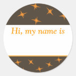 "Hi, my name is ___" - Orange Stars On Brown Round Stickers