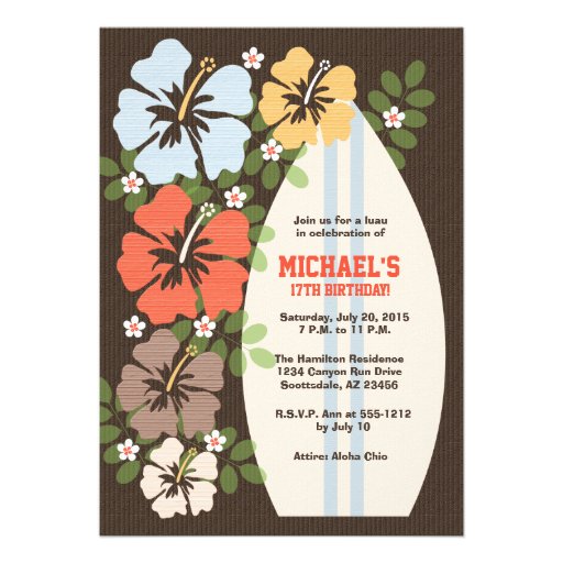 Hibiscus Surfboard Birthday Party Invitations (front side)