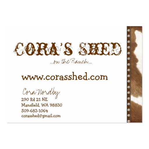 hide and nails, Cora's Shed, ...on the Ranch...... Business Card Template (front side)