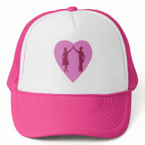 High five, male and female silhouette in a heart hats