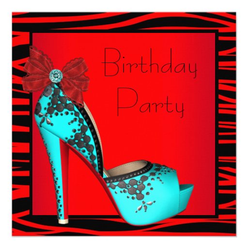 High Heel Red Teal Blue Zebra Birthday Party Custom Announcement