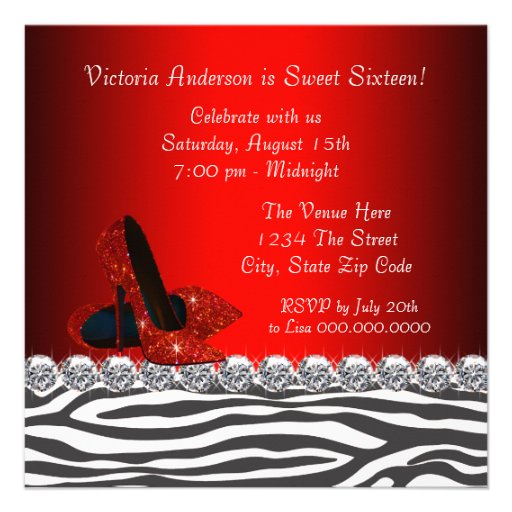 High Heel Shoe Red Zebra Sweet 16 Party Invitation