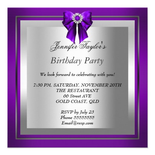 High Heel Shoe Silver Purple Birthday Party Announcements