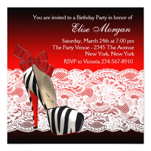 High Heel Shoes Black Red Zebra Party Custom Invitations