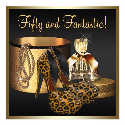 High Heel Shoes Leopard Gold Womans 50th Birthday Invitation (front side)