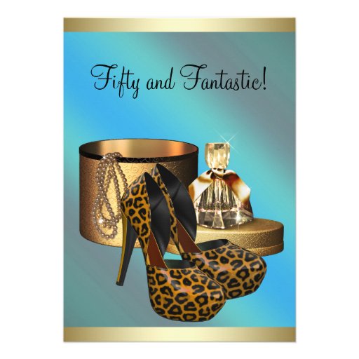 High Heel Shoes Leopard Gold Womans 50th Birthday Personalized Announcements (front side)
