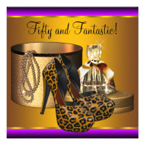 High Heel Shoes Leopard Gold Womans 50th Birthday invitations
