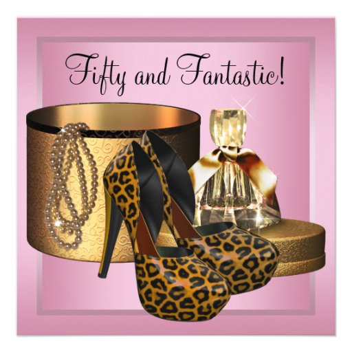 High Heel Shoes Leopard Gold Womans 50th Birthday Invite