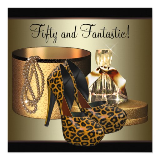 High Heel Shoes Leopard Gold Womans 50th Birthday Personalized Announcement