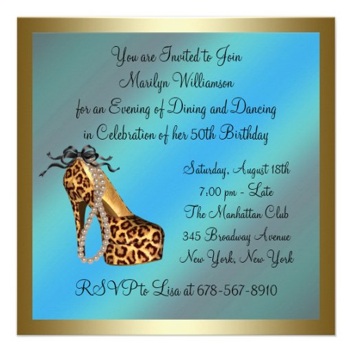High Heel Shoes Leopard Gold Womans 50th Birthday Invite