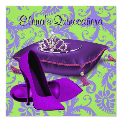 High Heel Shoes Lime Green Purple Quinceanera Custom Invites