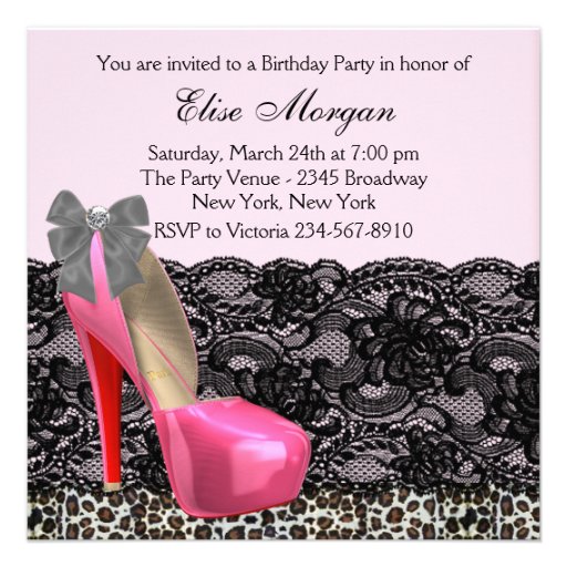 High Heel Shoes Pink Leopard Birthday Party Invites