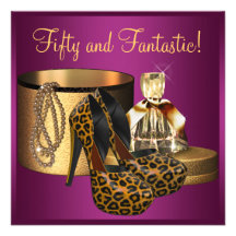 High Heel Shoes Pink Leopard Womans 50th Birthday Custom Announcements