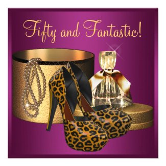 High Heel Shoes Pink Leopard Womans 50th Birthday Custom Announcements
