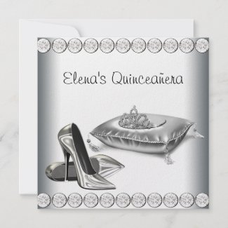 High Heel Shoes Princess Tiara White Quinceanera Personalized Invite