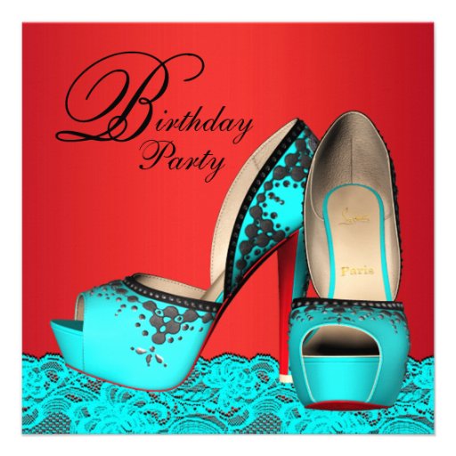 High Heel Shoes Red Teal Blue Birthday Party Announcement