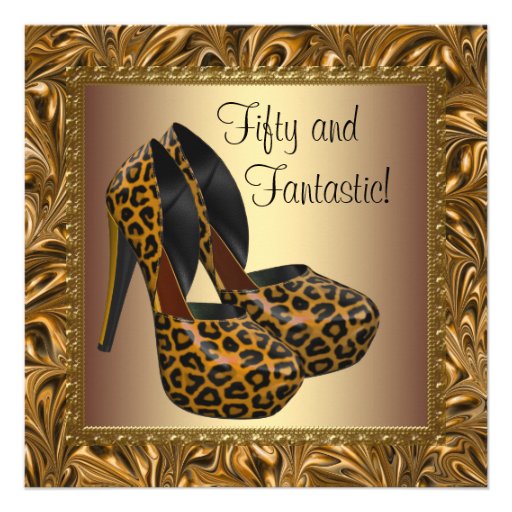 High Heel Shoes Womans Leopard Gold 50th Birthday Custom Invites