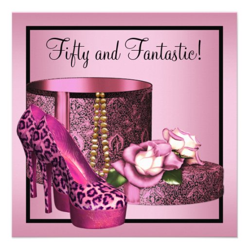 High Heel Shoes Womans Pink Leopard 50th Birthday Custom Invite