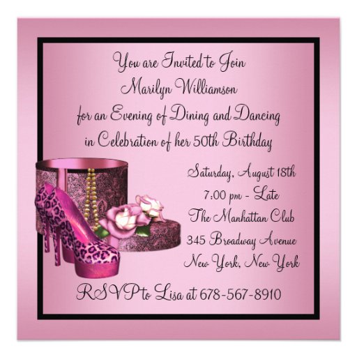 High Heel Shoes Womans Pink Leopard 50th Birthday Custom Invite