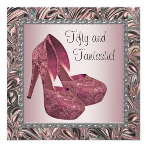 High Heel Shoes Womans Pink Silver 50th Birthday Personalized Invitation