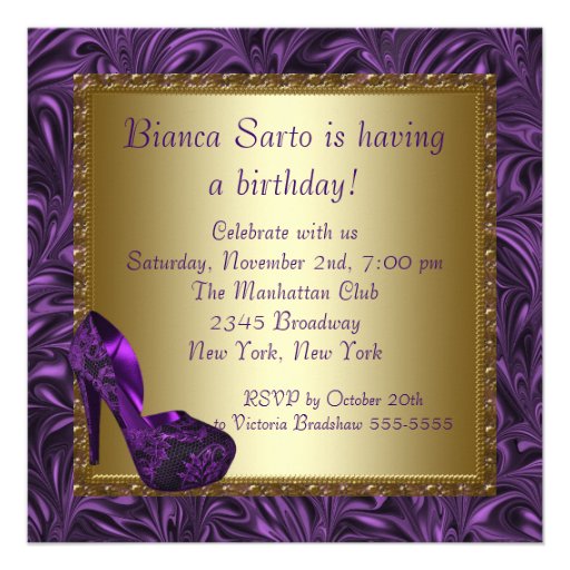 High Heel Shoes Womans Purple 50th Birthday Party Custom Invite