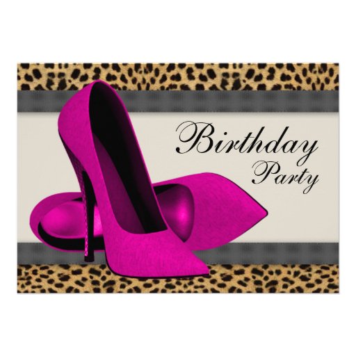 High Heels Hot Pink Leopard Birthday Party Personalized Invitations (front side)