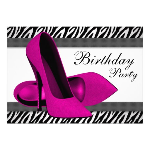 High Heels Hot Pink Zebra Birthday Party Personalized Announcement (front side)