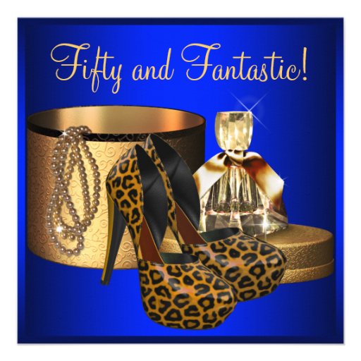 High Heels Leopard Blue Gold Womans 50th Birthday Invites