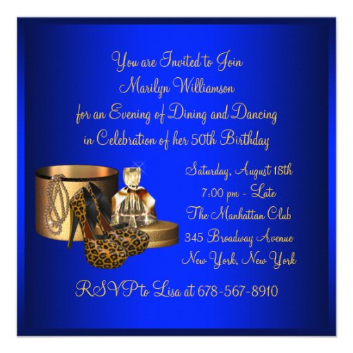 High Heels Leopard Blue Gold Womans 50th Birthday Invites