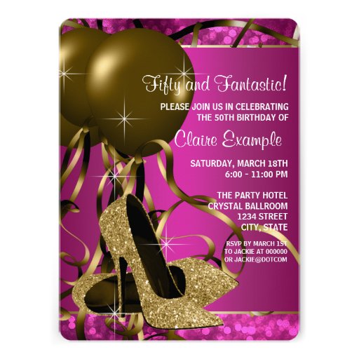 High Heels Womans Hot Pink and Gold Birthday Party Personalized Invites